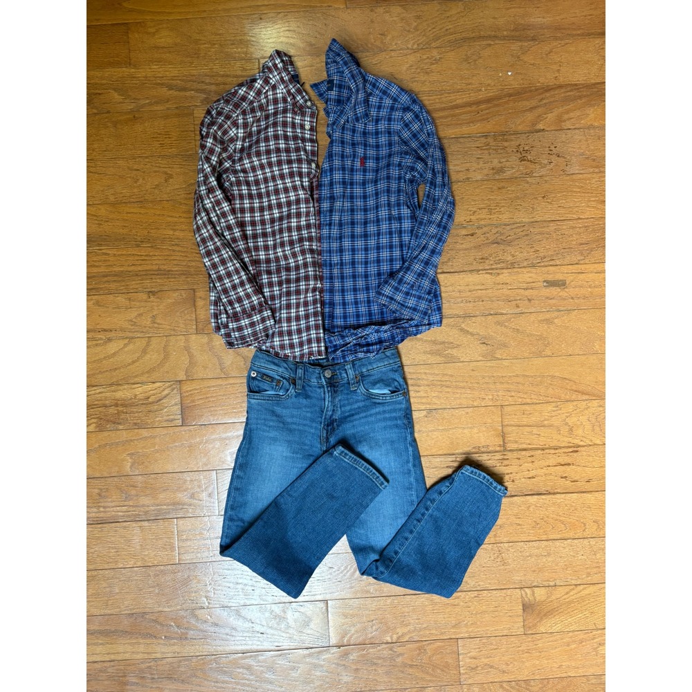 Polo Ralph Lauren Boys Lot 3pc Plaid Shirts & Hampton Straight Jeans Size 7 - Picture 2 of 9
